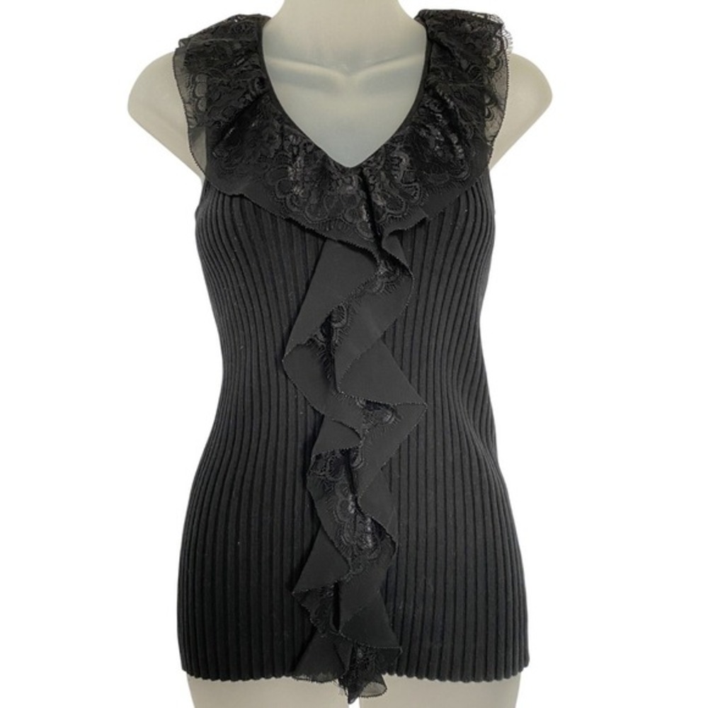 Tracy M Whimsigoth Rib Knit Ruffle Lace Trim Sweater Women M Black Fairy Y2K VTG